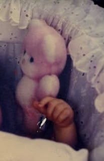 peluche boulgom rose et blanc yeux bleus