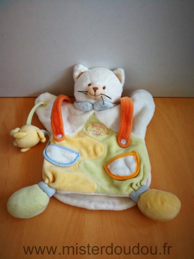 Doudou et compagnie Chat Fripouille avec souris blanc vert jaune - Très bon état