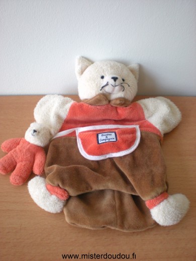 Doudou et compagnie Chat Marron orange beige avec bebe chat - Très bon état