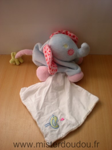 Bébé9 Eléphant Bleu rose mouchoir blanc - Très bon état