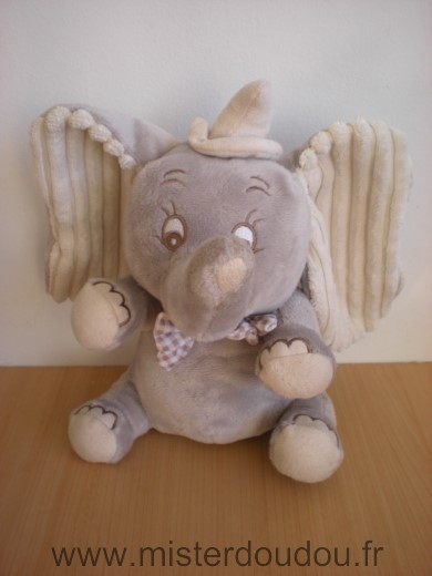 Disney Eléphant Dumbo musical gris ecru noeud vichy marron - Très bon état