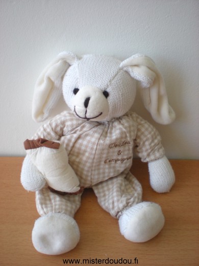 Doudou et compagnie Lapin Beige blanc avec coussin tissus en tricot - Mauvais état