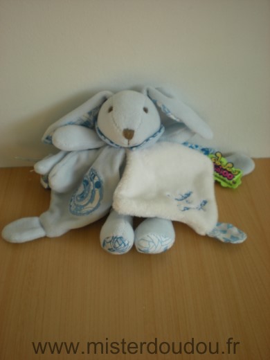 Doudou et compagnie Lapin Bleu blanc tatoo motifs fleurs - Très bon état
