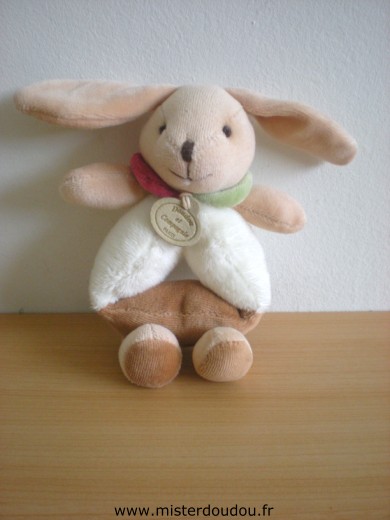 Doudou et compagnie Lapin Ecru beige col rouge et vert - Très bon état