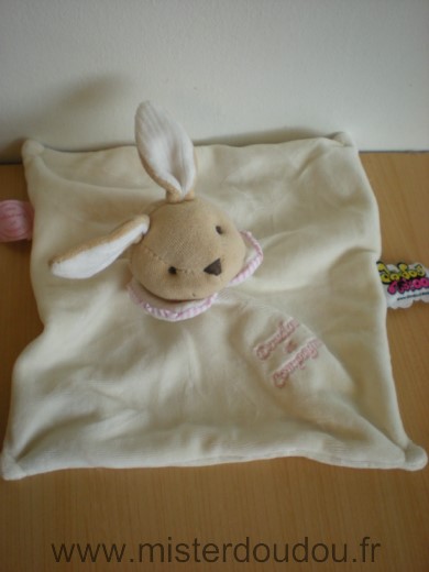 Doudou et compagnie Lapin Ecru col blanc liseret raye rose blanc - Très bon état