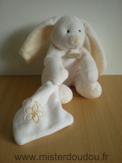 Doudou et compagnie Lapin Ecru jaune mouchoir blanc reflets roses - Très bon état