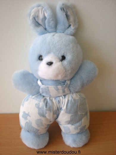 Nounours Lapin Peluche bleu salopette tissus bleu blanc - Très bon état