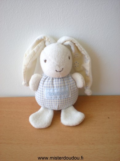 Nounours Lapin Tissus eponge ecru vichy bleu interieur des oreilles roses points bleus - Très bon état