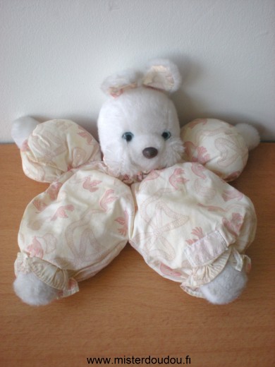 Tartine et chocolat Lapin Tissus ecru motifs oiseaux roses tête peluche blanche - Bon état