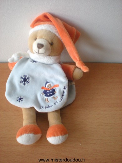 Doudou et compagnie Ours Orange bleu beige - Très bon état