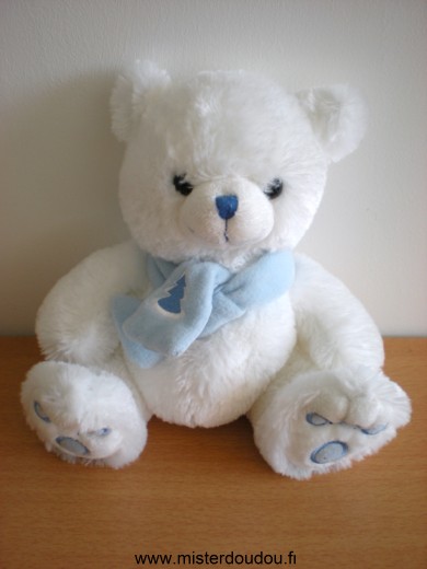 Nounours Ours Blanc echarpe bleue avec un sapin - Très bon état