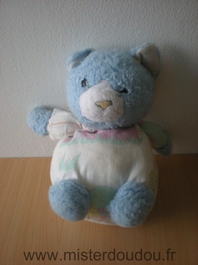 Nounours Ours Peluche bleu tissus blanc motifs - Etat moyen