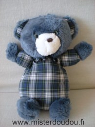 Nounours Ours Tissus carreau bleu marine blanc tête peluche bleu - Très bon état