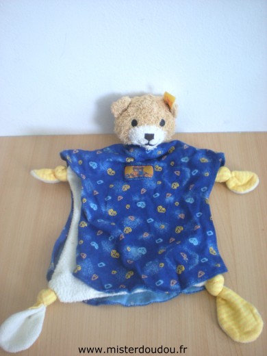 Steiff Ours Blanc cape bleue marine à motifs jaunes bleus - Très bon état